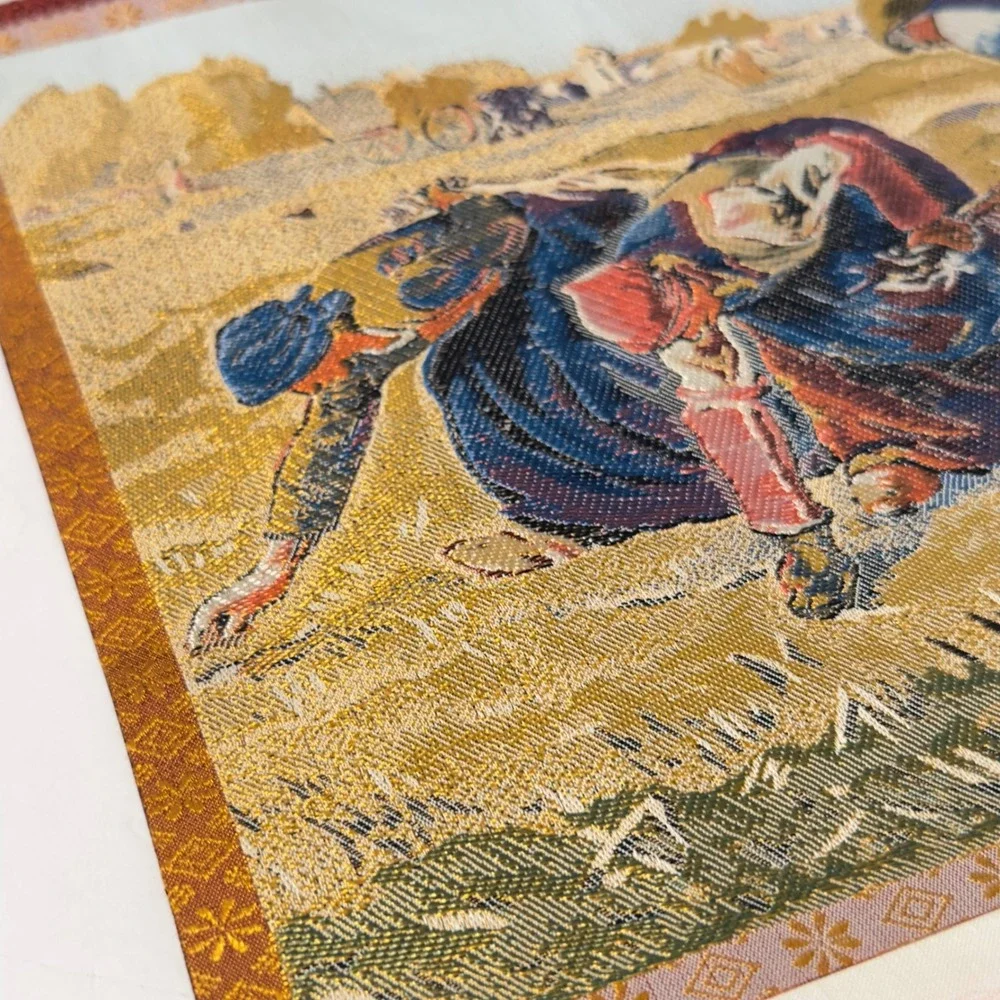 Vintage 1972 Asian Silk Woven Scroll Calendar The Gleaners Tapestry Wall Hanging